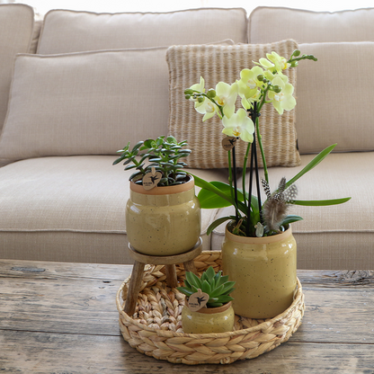 Vintage bloempot khaki keramieken sierpot